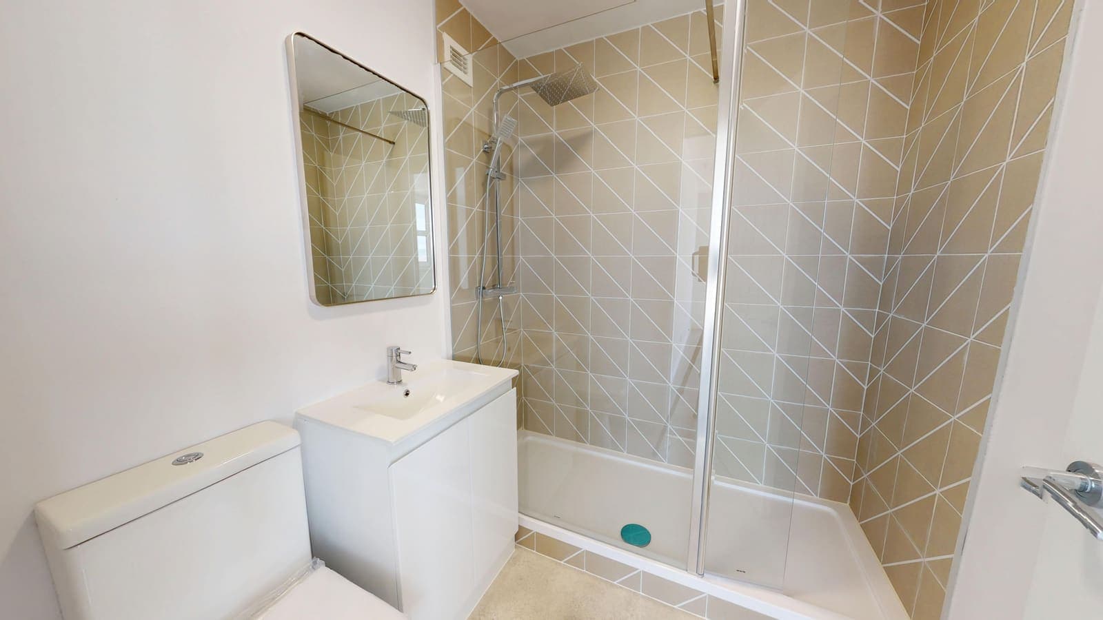 New shower room with textured feature tiles and glass enclosure, Chartwell Place
