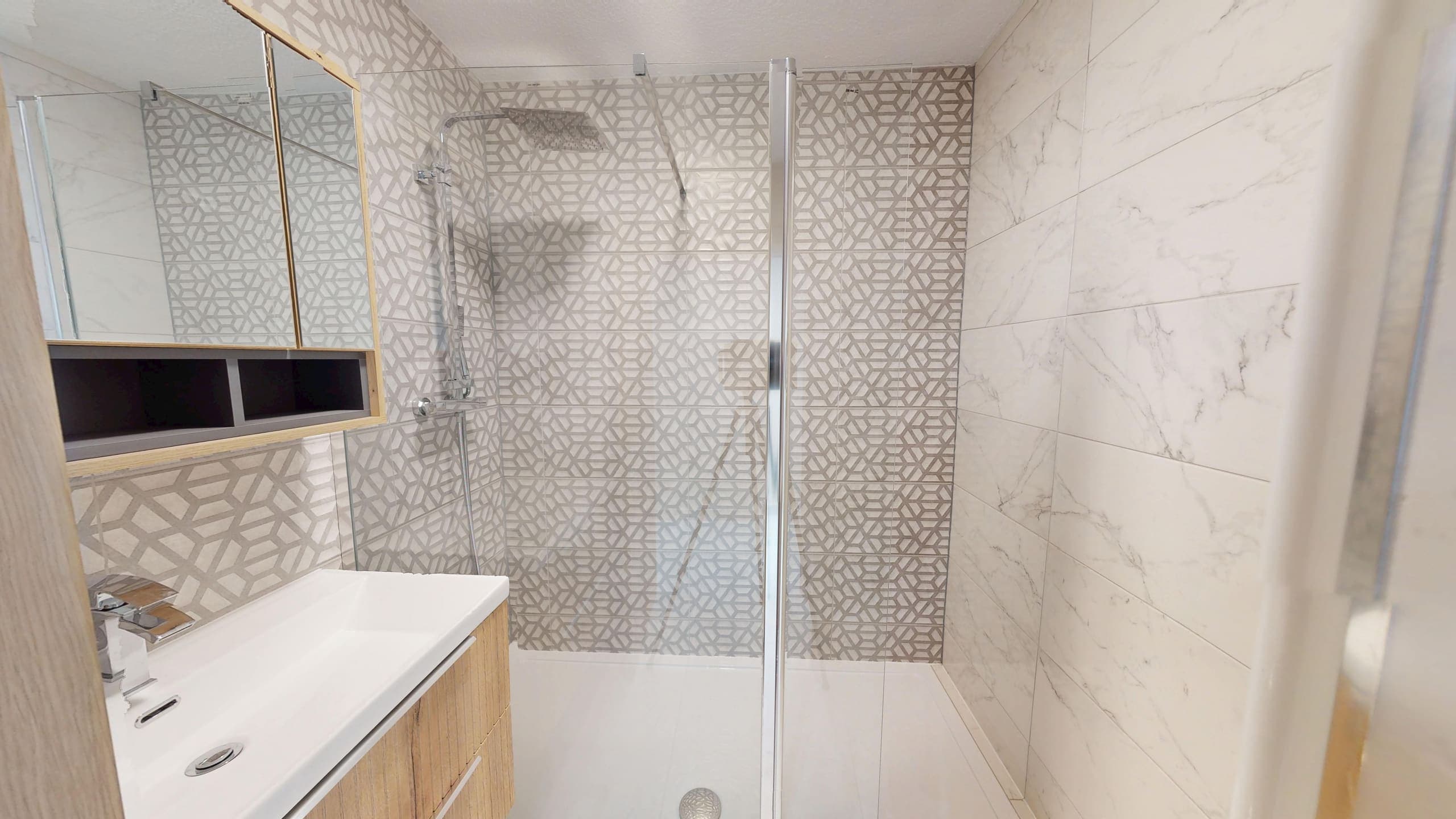 Marble-tiled bathroom with walk-in rainfall shower and oak vanity, Mandalay Court
