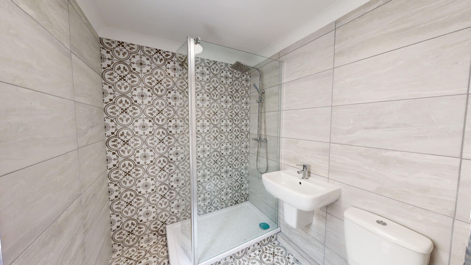Shower room renovation with Moroccan-pattern feature tiles, Russell Mews Brighton